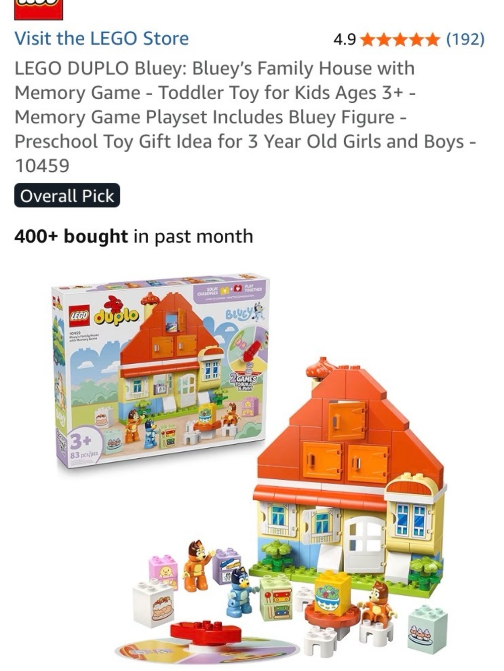 Lego Duplo Bluey’s Family House With Memory Game